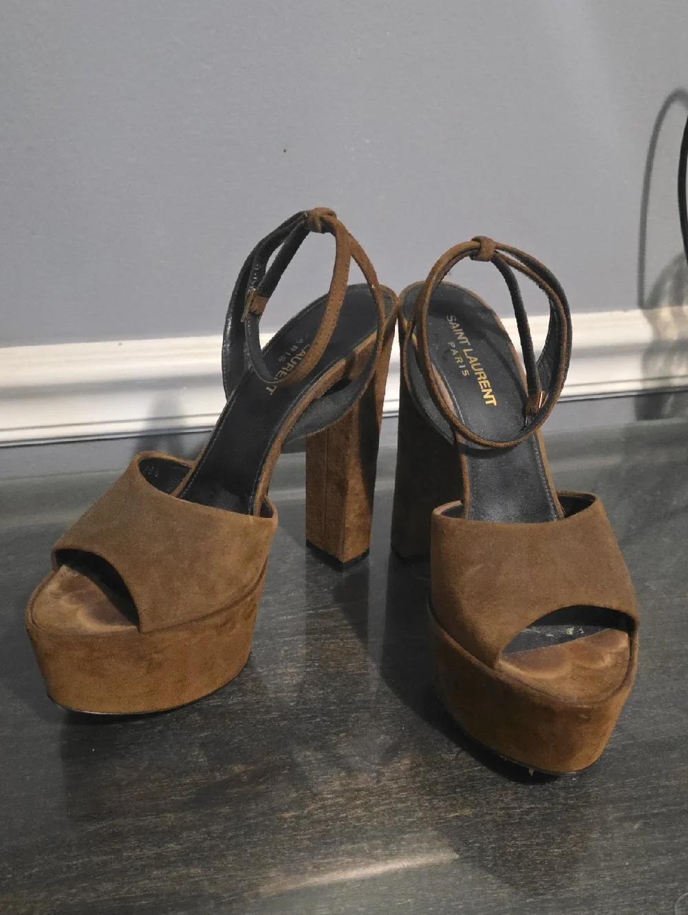 Saint Laurent JODY Brown Suede Platform Sandals with Ankle Strap 38½ 8.5